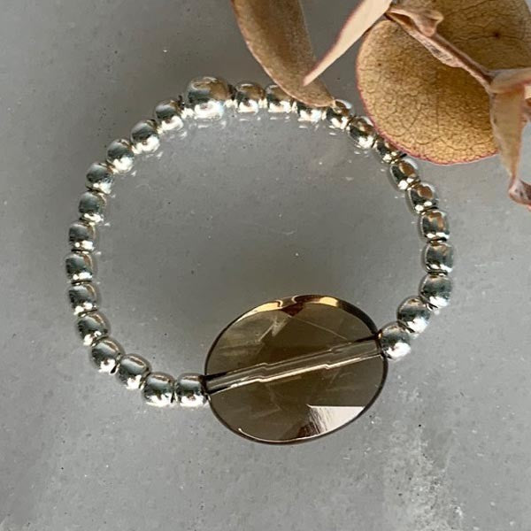 Mini silver pearl ring with oval smoky quartz