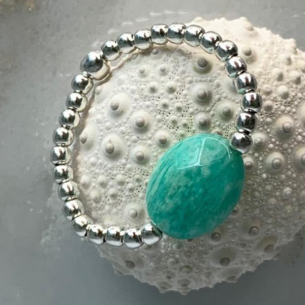 Mini silver pearl ring with oval green amazonite