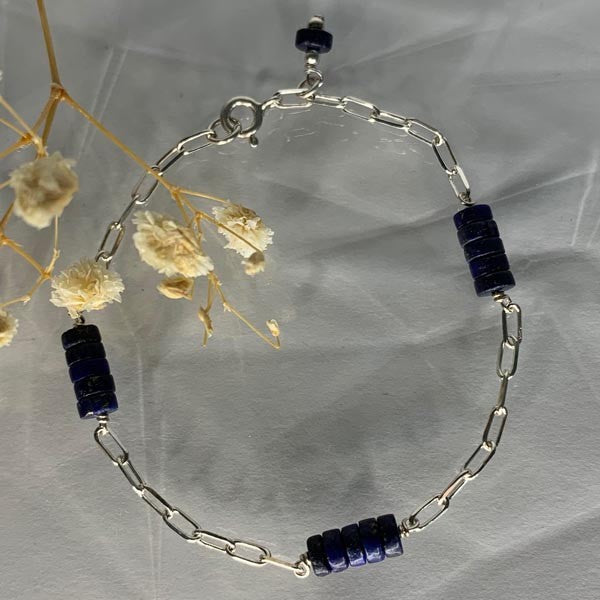 Silver chain bracelet rectangle lapis lazuli 