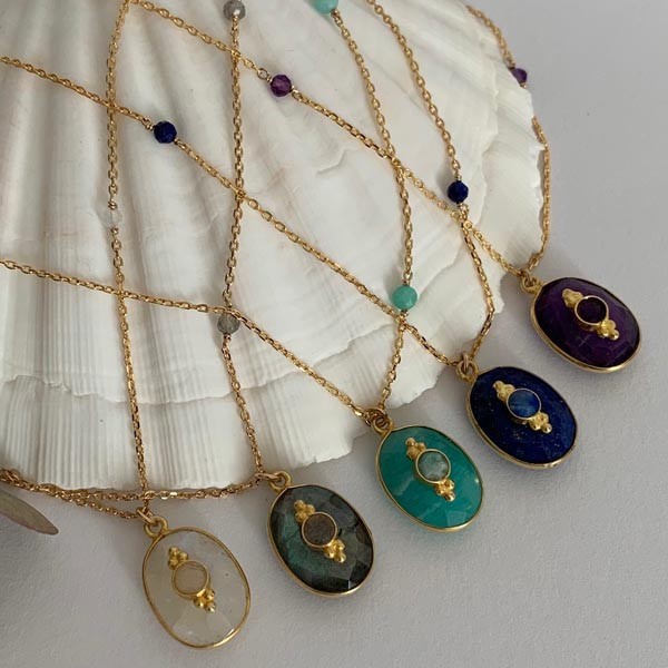 Gold plated chain necklace with faceted lapis lazuli set in an oval shape