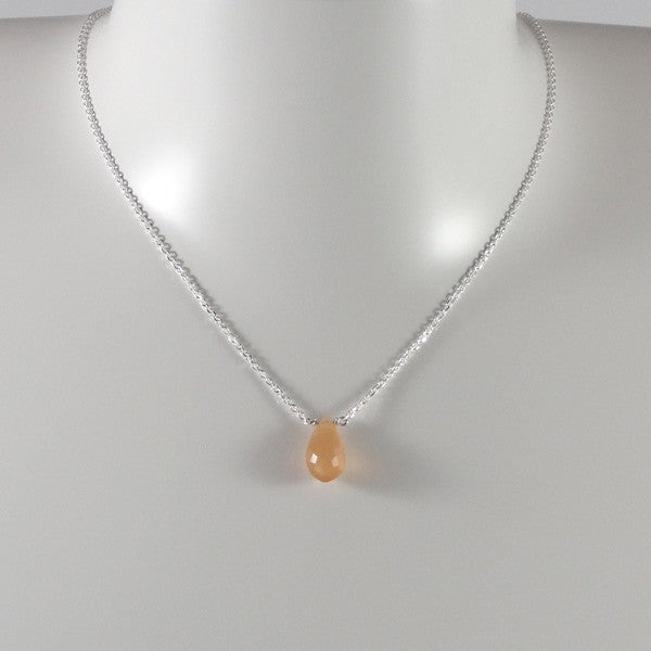 Silver chain necklace with faceted salmon moonstone drop