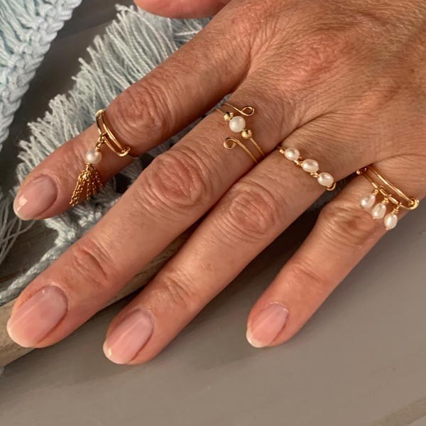 Thin gold filled ring with white pearl pompom