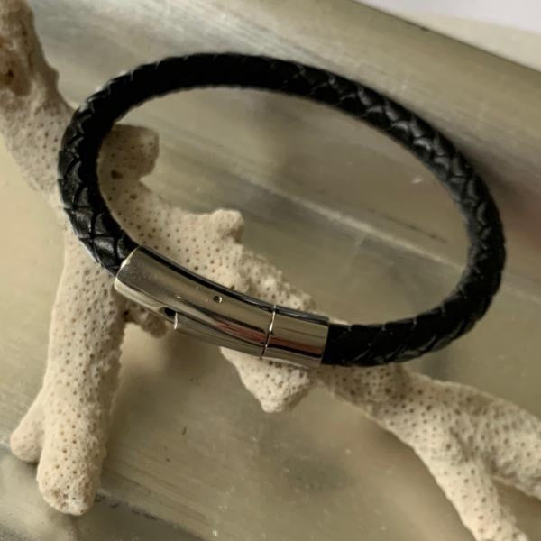 Men's black braided leather bracelet