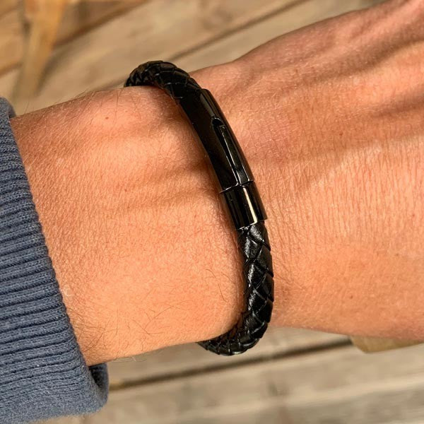 Men's black braided leather bracelet 1