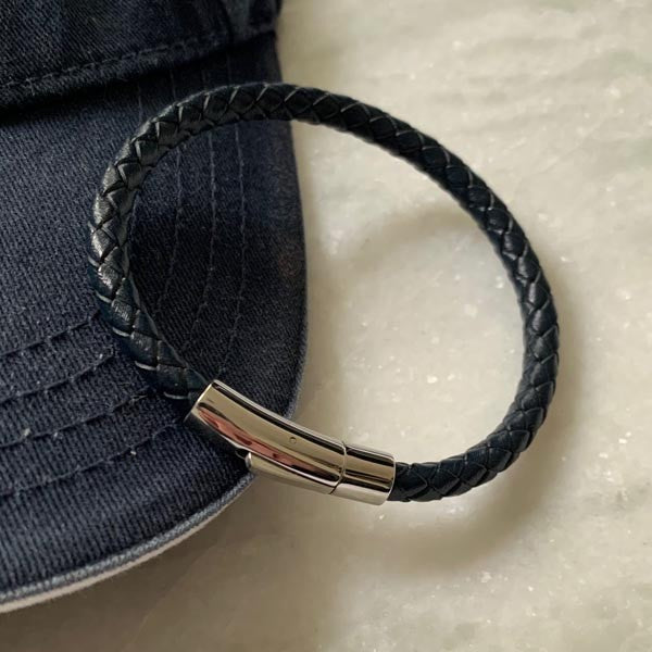 Men's navy blue braided leather bracelet