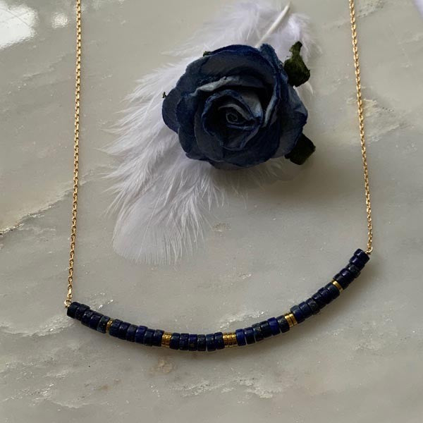 Heishi barrette necklace in lapis lazuli and hematite