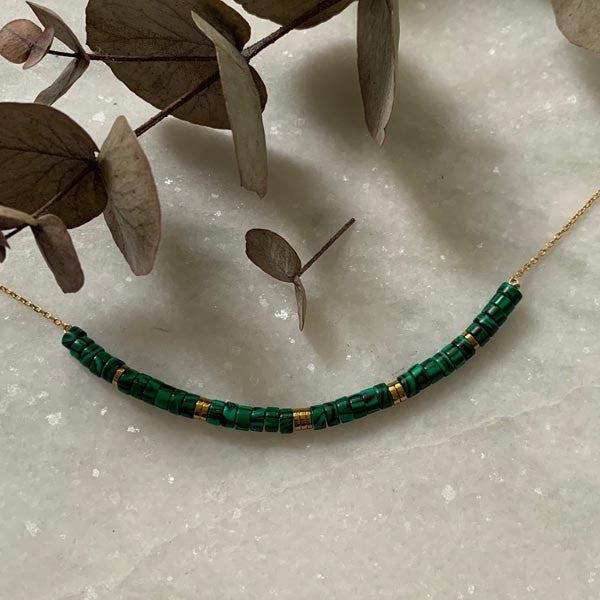 Malachite and hematite Heishi barrette necklace