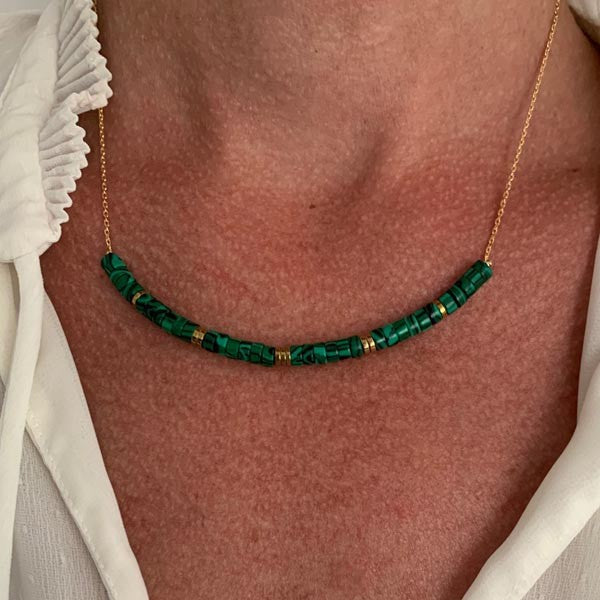 Malachite and hematite Heishi barrette necklace