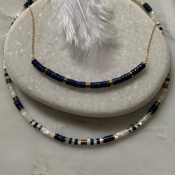 Heishi barrette necklace in lapis lazuli and hematite