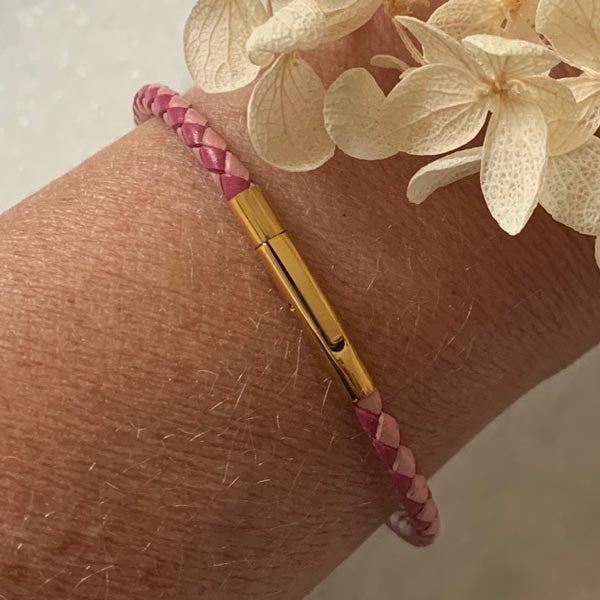 Pink and fushia braided leather bracelet