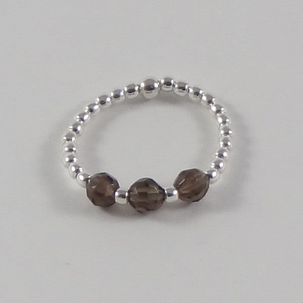 Mini silver pearl ring with 3 small smoky quartz