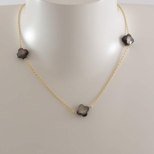 Gold plated chain necklace with 3 faceted gray mother-of-pearl crosses