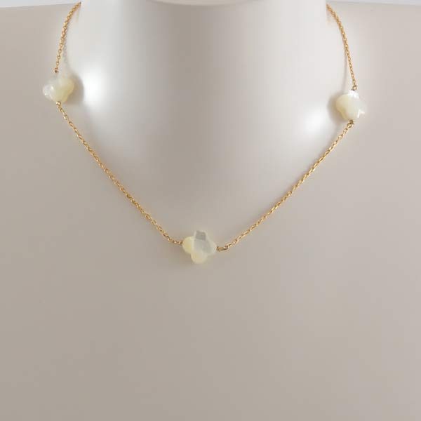 Gold plated chain necklace with 3 faceted white mother-of-pearl crosses