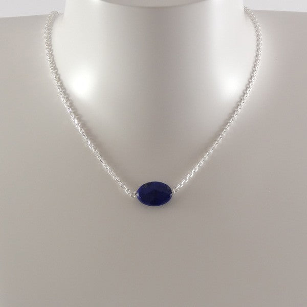 Collier chaine argent Lapis Lazuli ovale facetée    