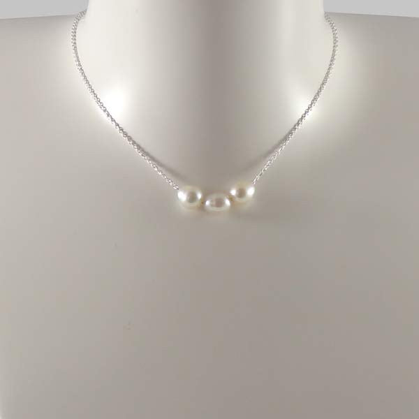 Silver chain necklace with 3 baroque oval white freshwater pearls