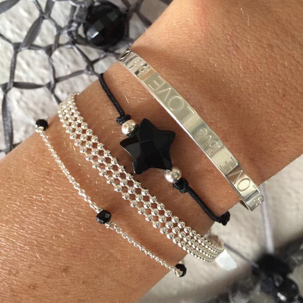 Bracelet cordon pierre Etoile onyx perles argent 