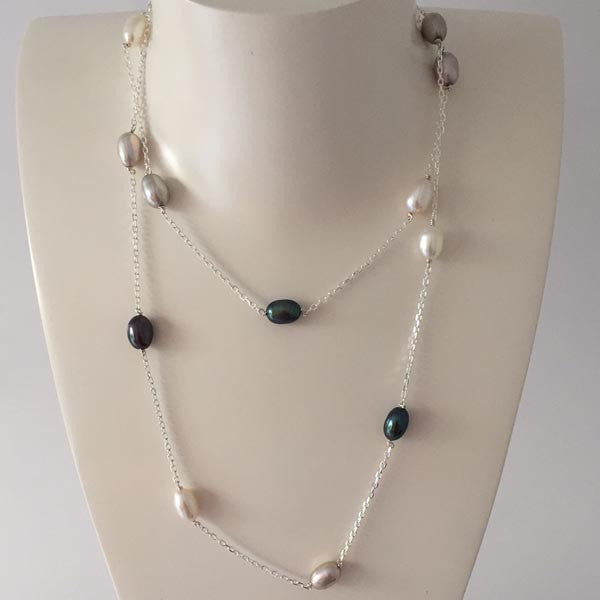 Silver necklace with multi-colored freshwater pearls