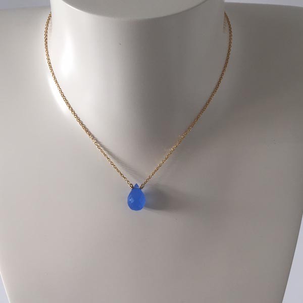 Gold plated chain necklace with faceted blue agate stone drop