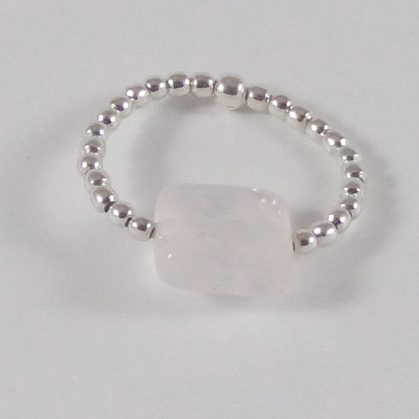 Mini square silver rose quartz pearl ring