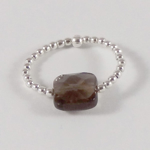 Mini square smoky quartz silver pearl ring