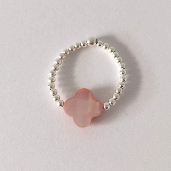 Mini silver pearl ring with pink mother-of-pearl cross