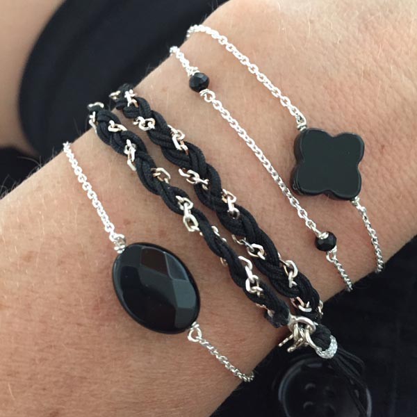 Bracelet chaine argent pierre Onyx ovale facettée   