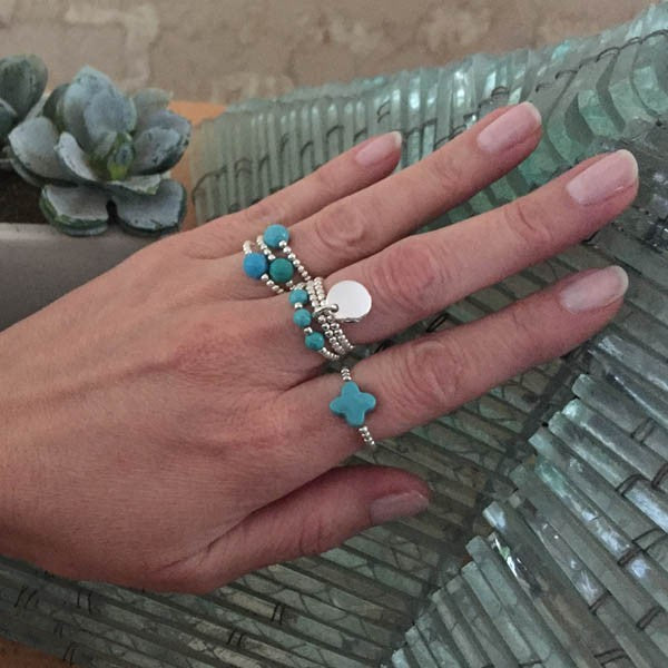 Bague minis perles argent Pierre croix turquoise