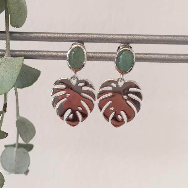 Silver aventurine leaf earrings 