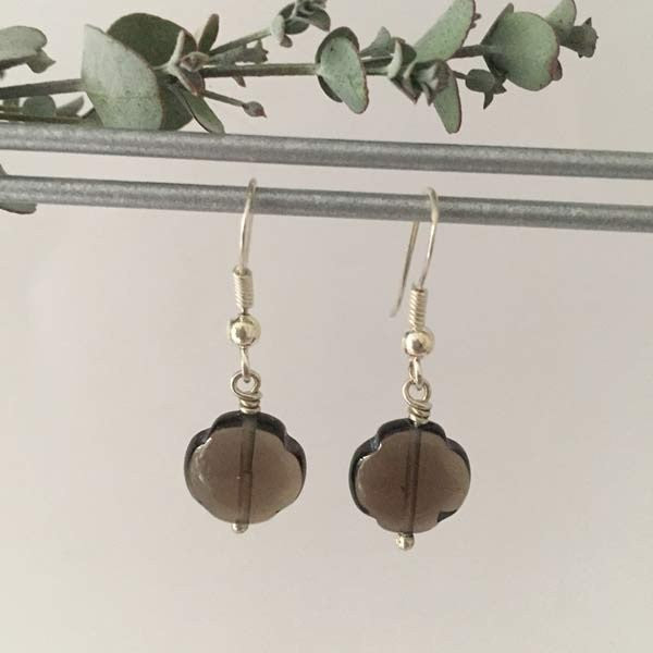 Silver smoky quartz cross earrings