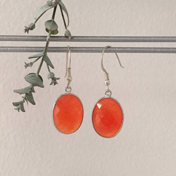 Large orange jade stone silver earrings 