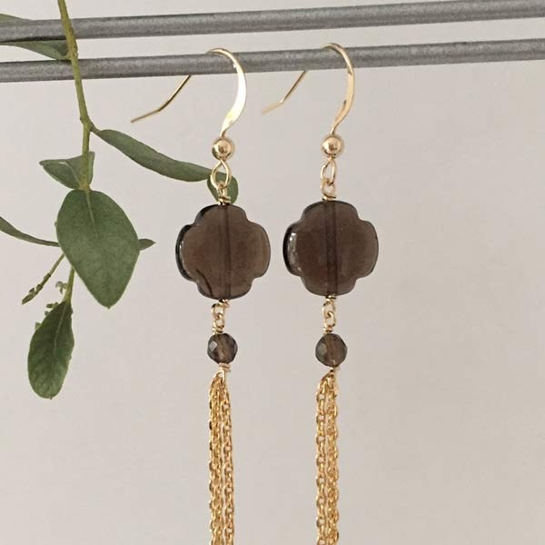 Gold plated smoky quartz tassel earrings