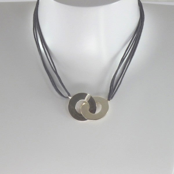 Large round silver handcuffs cord necklace