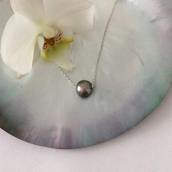 Necklace silver chain freshwater pearl dark gray round baroque 