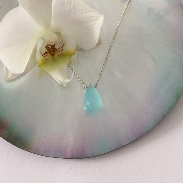 Silver chain necklace with faceted blue chalcedony drop