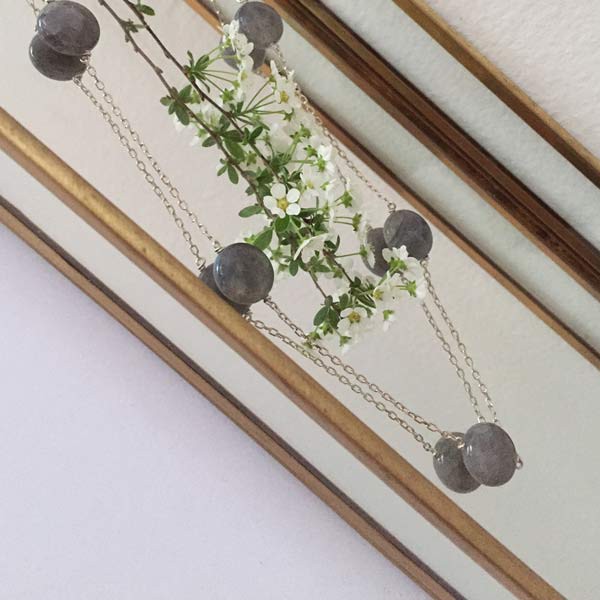 Silver chain necklace with 5 round labradorite stones