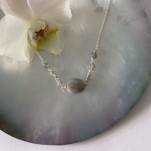 Silver chain necklace with small faceted oval labradorite