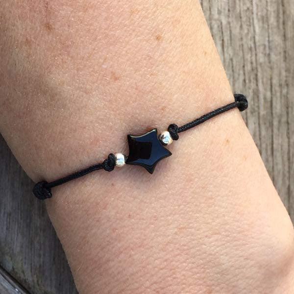 Small star cord bracelet with onyx and silver beads