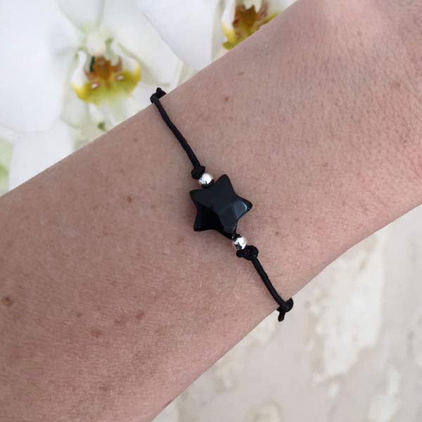 Onyx star cord bracelet with silver beads