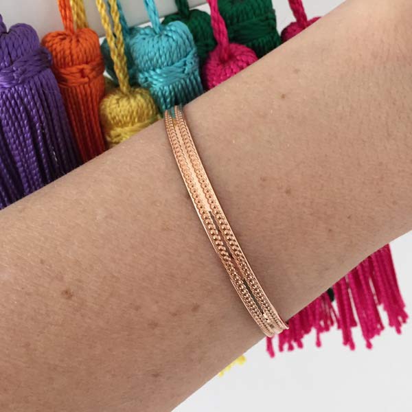 Rose gold plated bangle bracelet 2 lines balls