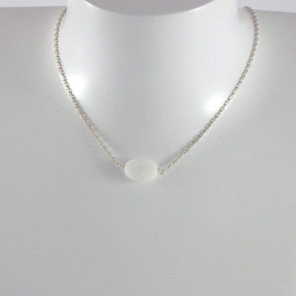 Faceted oval white agate silver chain necklace