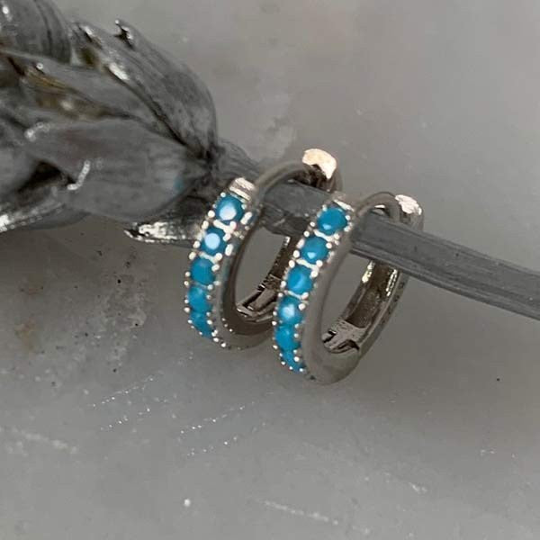 Mini turquoise silver hoop earrings 