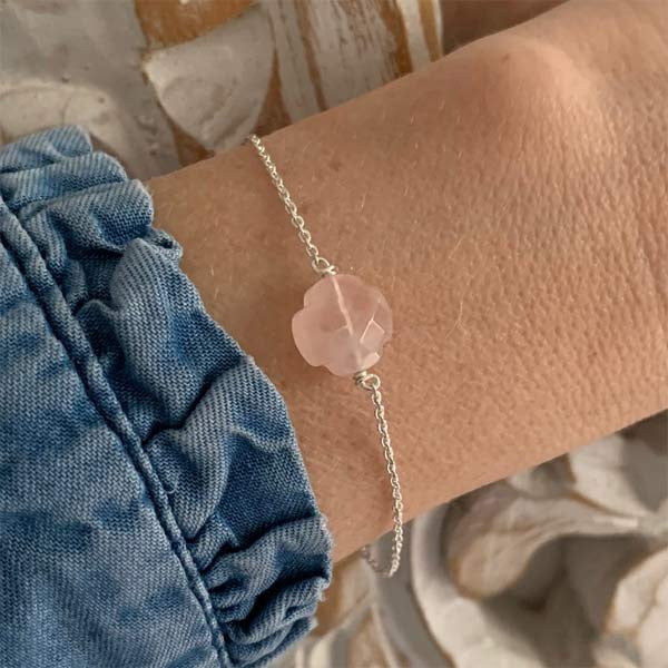 Silver chain bracelet with small faceted rose quartz cross