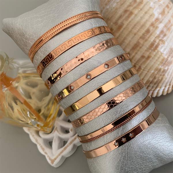 Rose gold plated bangle bracelet 2 lines balls