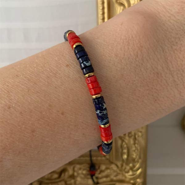 Heishi bracelet with blue and red stones