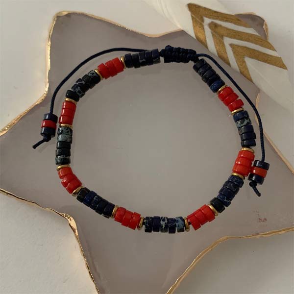 Heishi bracelet with blue and red stones