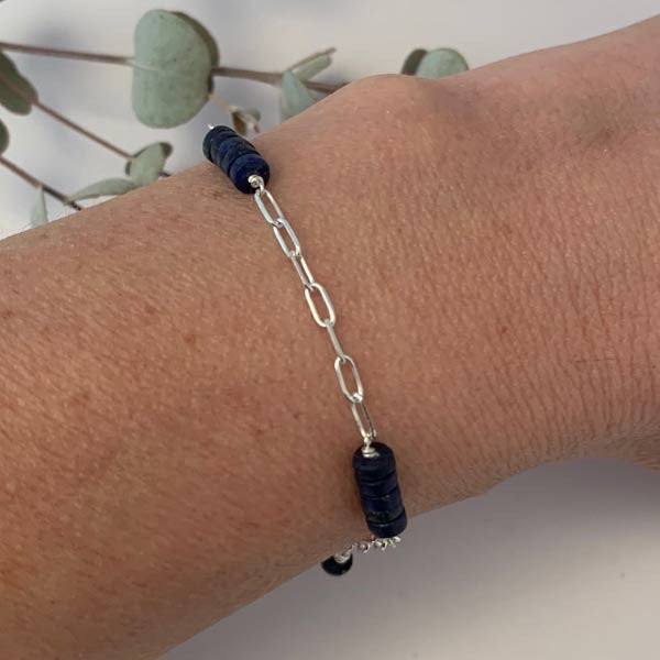 Silver chain bracelet rectangle lapis lazuli 