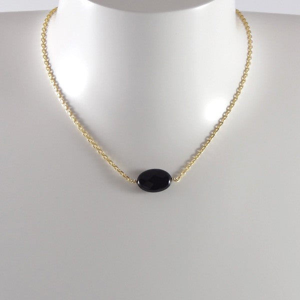 Collier chaine plaqué or Onyx ovale facetée    