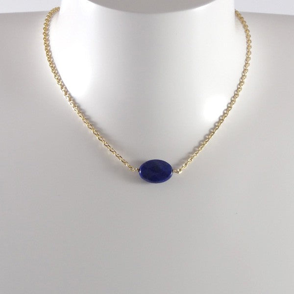 Collier chaine plaqué or Lapis Lazuli ovale facetée    