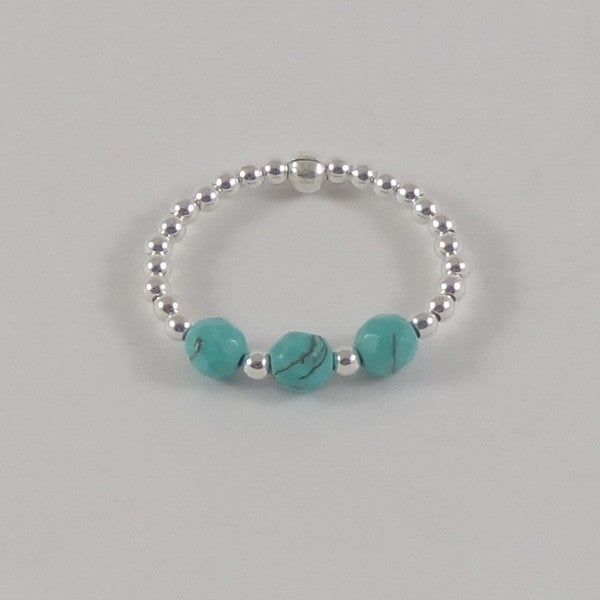 Mini silver pearl ring with 3 small turquoise beads