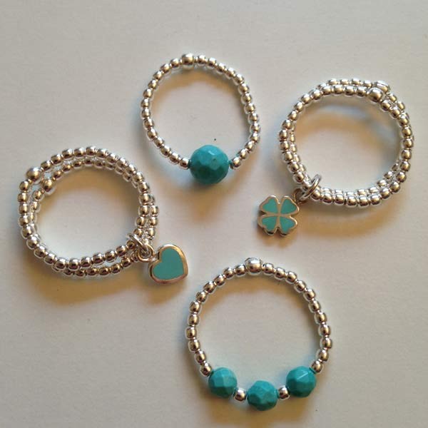 Mini silver pearl ring with 3 small turquoise beads